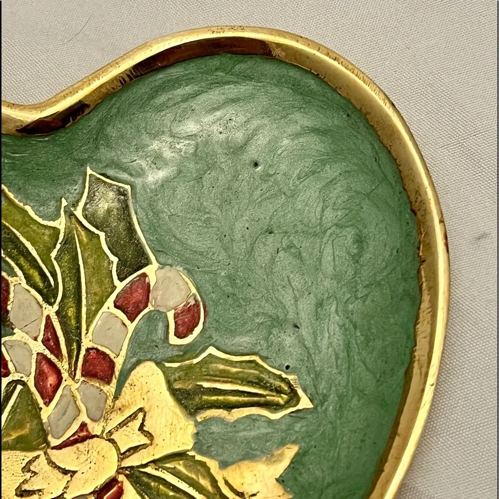 Solid Brass Enameled Trinket Dish, Candy Cane Holly, Christmas, Holiday EUC VTG